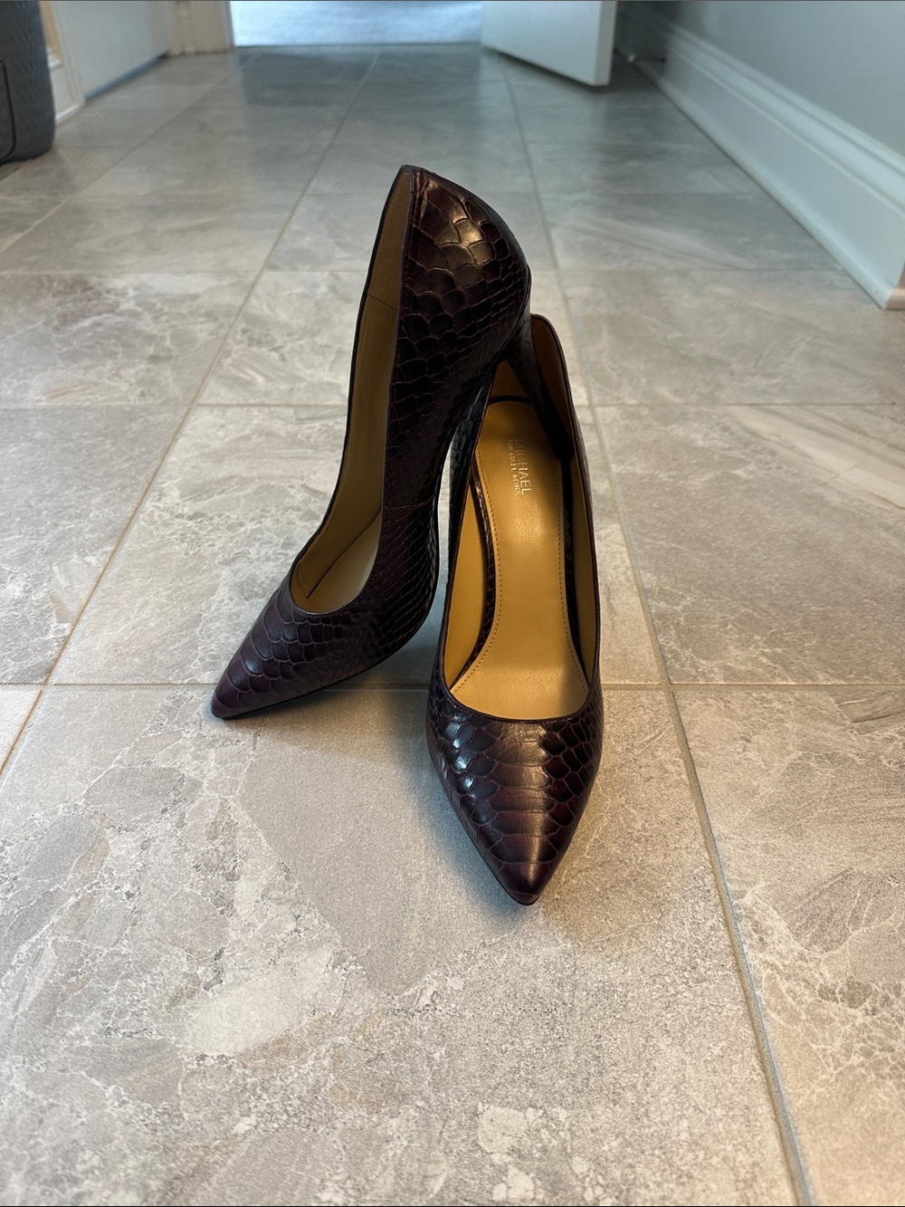 Michael Kors Pointed Toe Faux-Snakeskin Stiletto Pumps in Plum